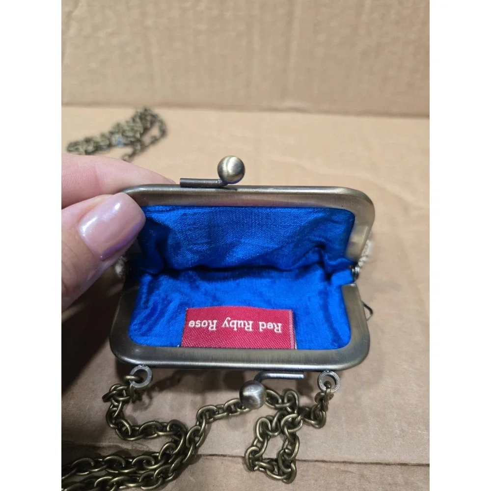 Red Ruby Rose Peacock Feather Coin Purse Mini Crossbody Kiss Lock Chain Clutch